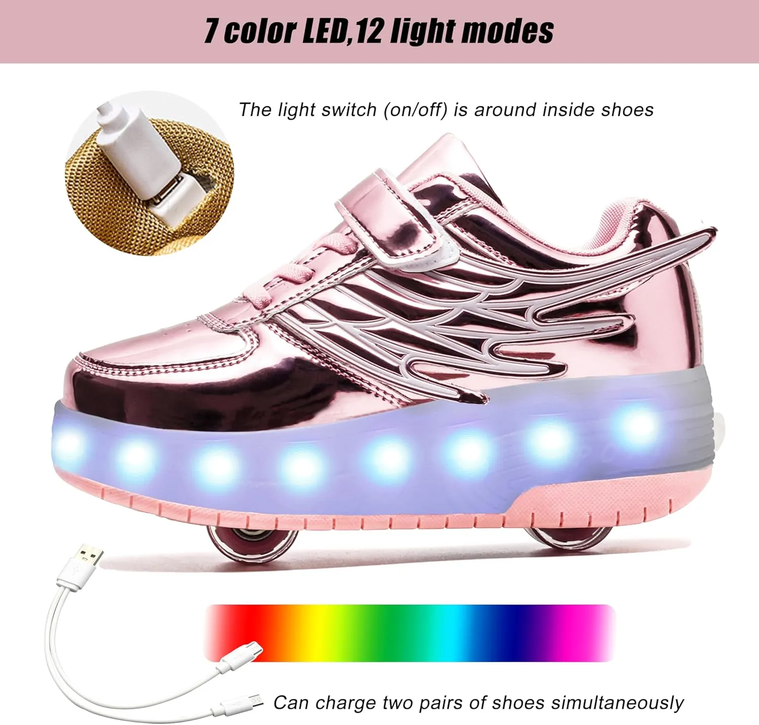 Aikuass USB Chargable LED Light Up Roller Shoes Wheeled Skate Sneaker Shoes for Boys Girls Kids
