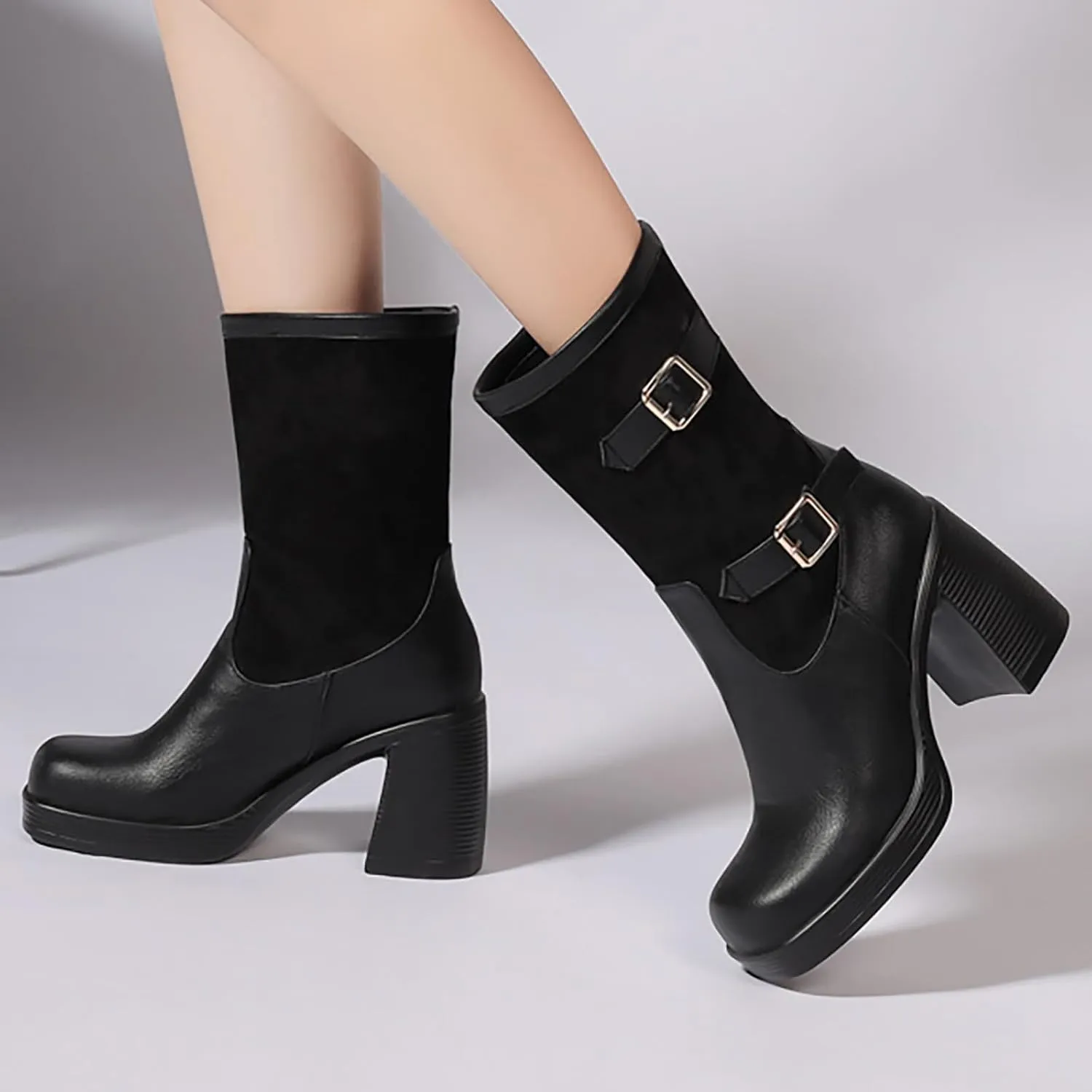 AMDBEL Ankle Boots for Women Comfy Women's Ankle Boots Patchwork Wedge Platform Chunky Heel Goth Boots Retro Western Boots