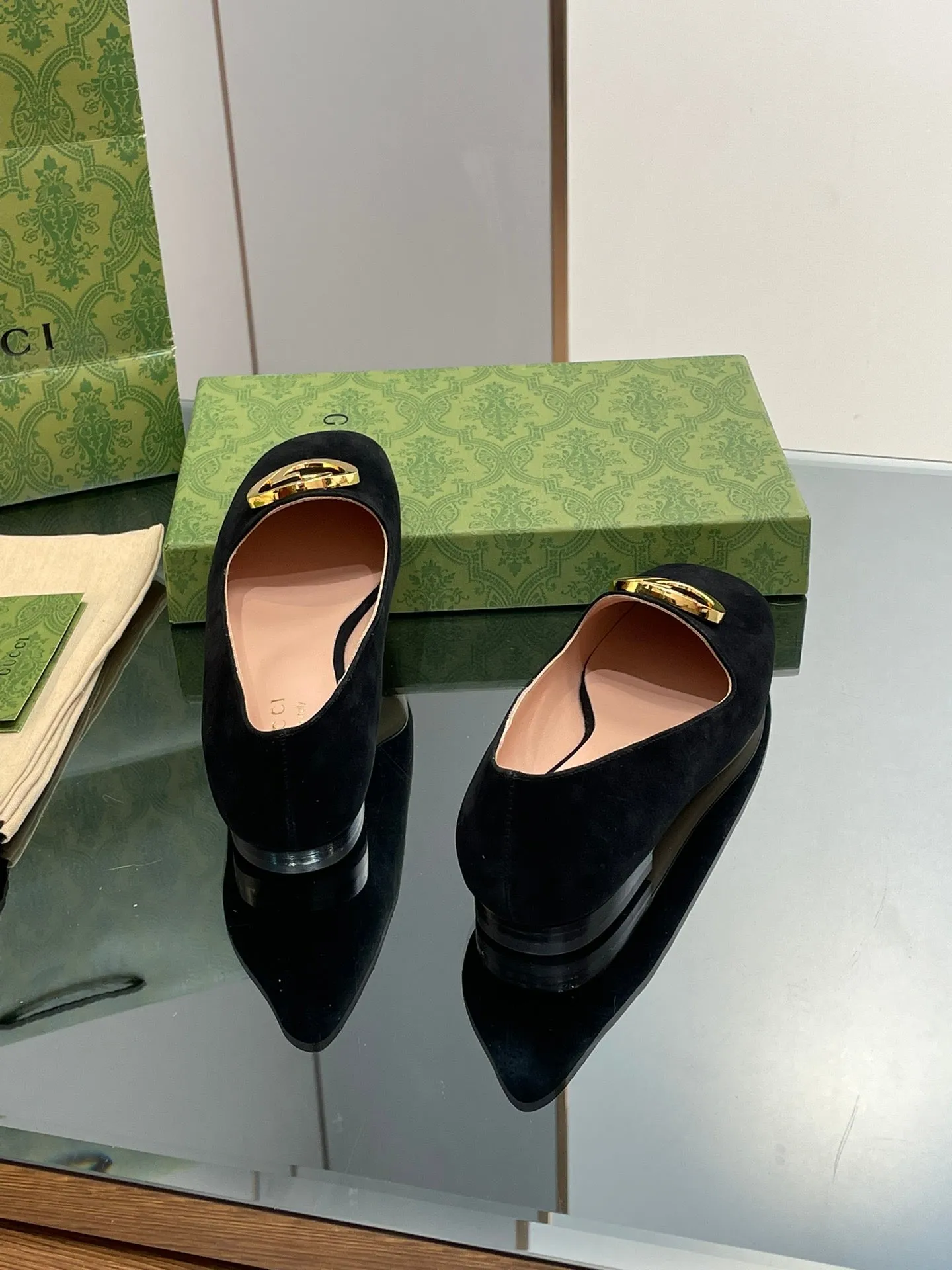 BLONDIE LOGO-PLAQUE LOAFERS IN BLACK SUEDE WITH GOLD HARDWARE