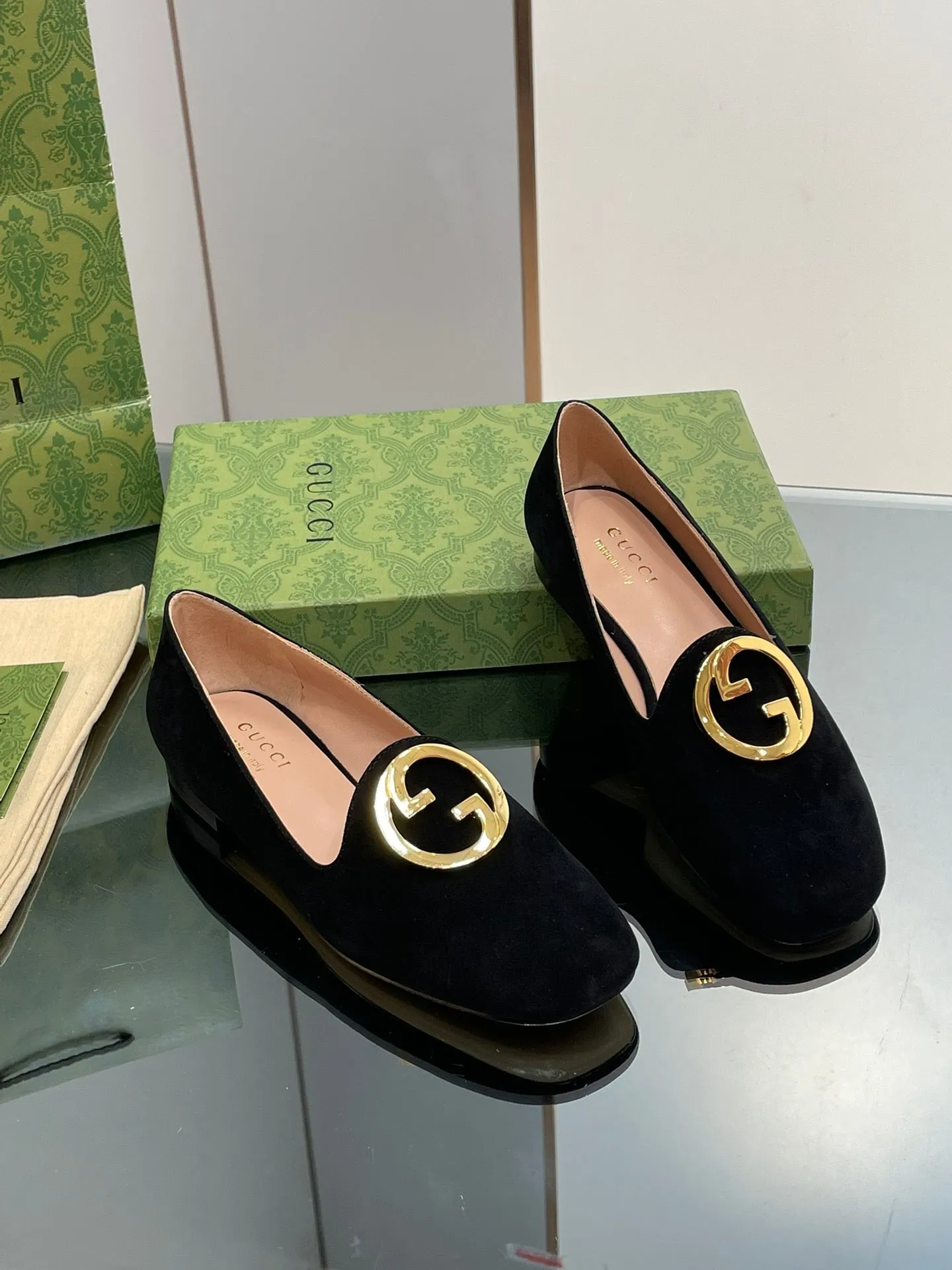 BLONDIE LOGO-PLAQUE LOAFERS IN BLACK SUEDE WITH GOLD HARDWARE