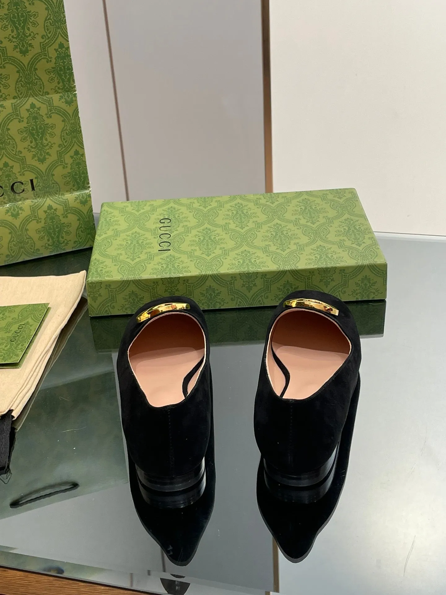 BLONDIE LOGO-PLAQUE LOAFERS IN BLACK SUEDE WITH GOLD HARDWARE