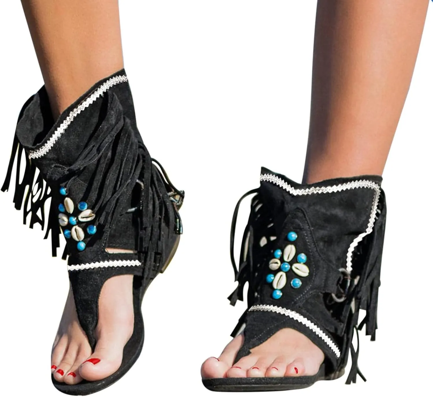 Cathalem Platform Sandals for Women, Bohemian Tassel Fringe Casual Shoes Flat Clip Toe Ankle Boots Beach Sandals Open Toe Sandals
