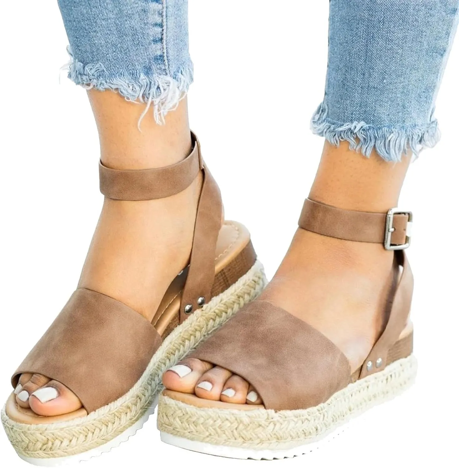 Cathalem Platform Sandals for Women Dressy Summer Flat Open Toe Ankle Strap Espadrilles Wedge Sandals Comfortable Walking Sandals