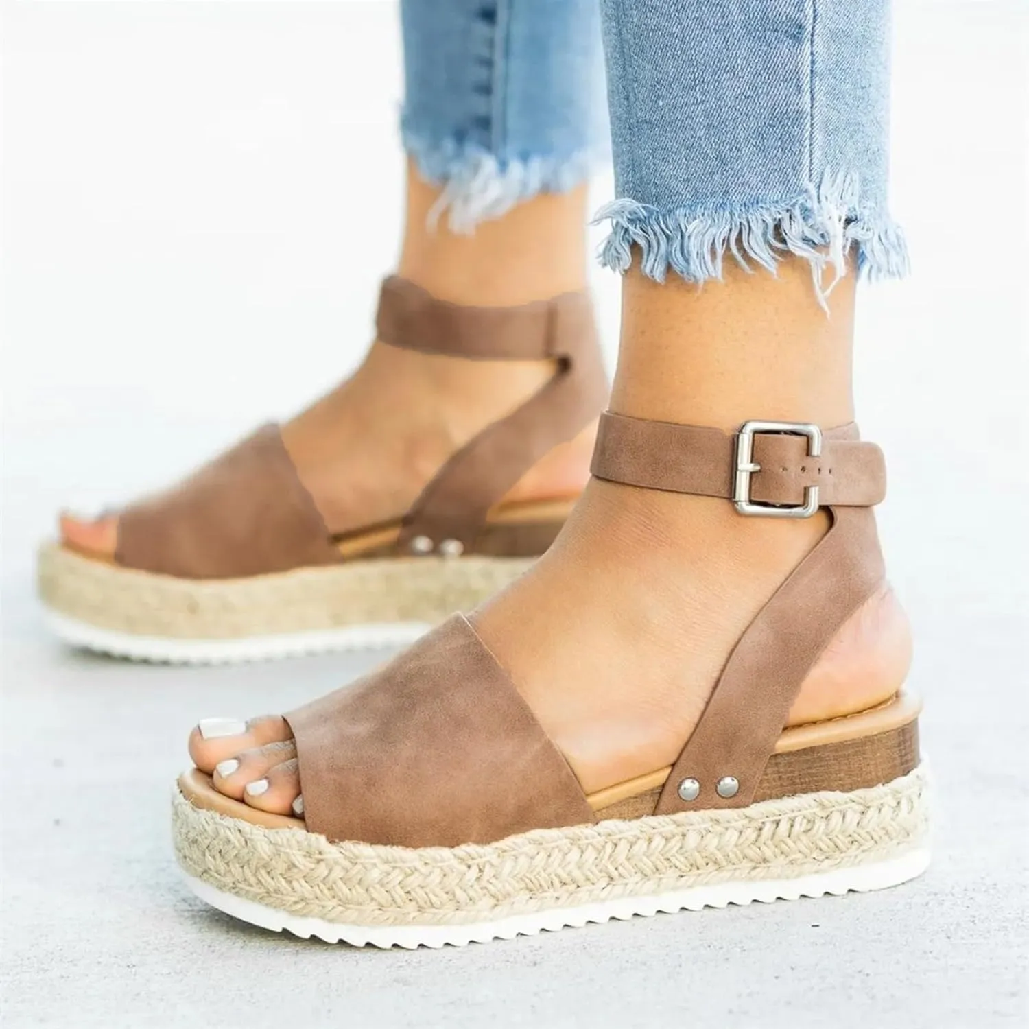 Cathalem Platform Sandals for Women Dressy Summer Flat Open Toe Ankle Strap Espadrilles Wedge Sandals Comfortable Walking Sandals
