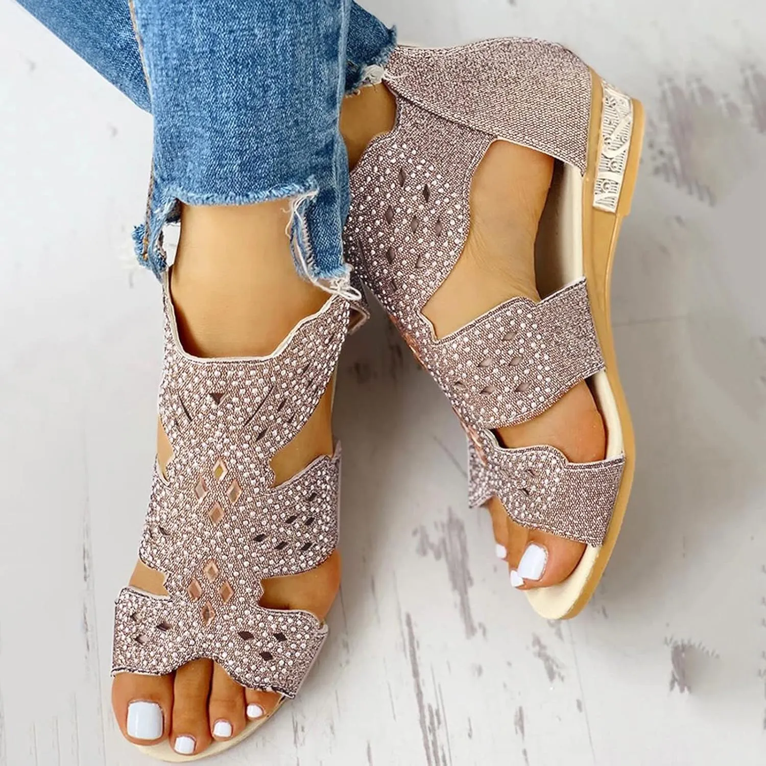 Cathalem Sandals for Women Dressy,Orthopedic Platform Sandals Womens Sandals Low Wedges Peep Toe Wrapped Beach Outdoor Sandals