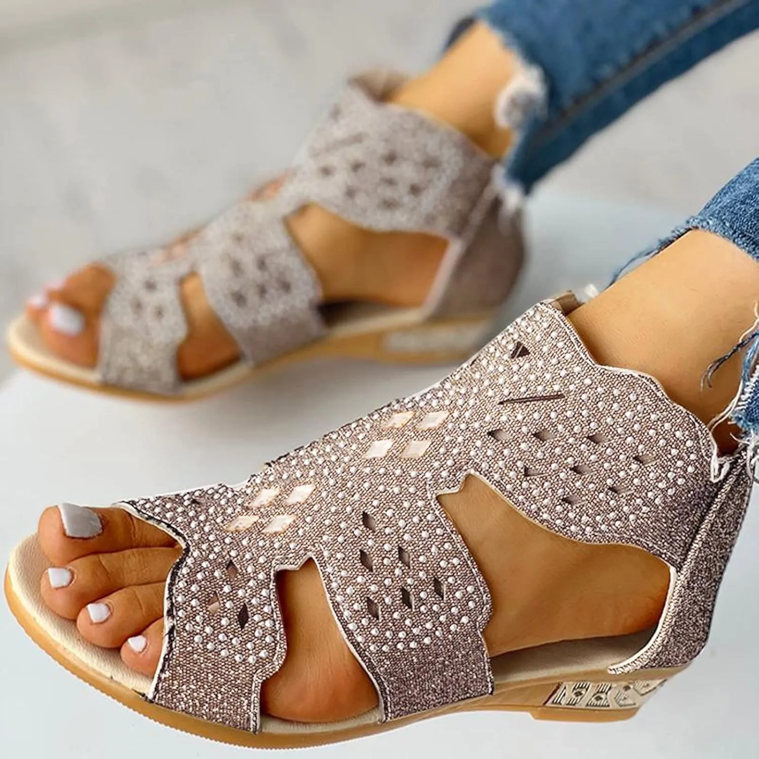 Cathalem Sandals for Women Dressy,Orthopedic Platform Sandals Womens Sandals Low Wedges Peep Toe Wrapped Beach Outdoor Sandals