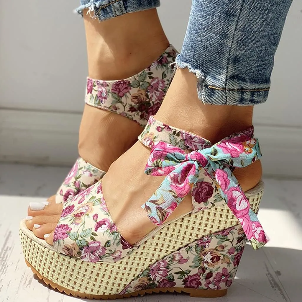 Cathalem Sandals for Women Summer Dressy Espadrilles Wedges Sandals Heels Open Toe Tie Lace Up Platform Ankle Strap Sandals