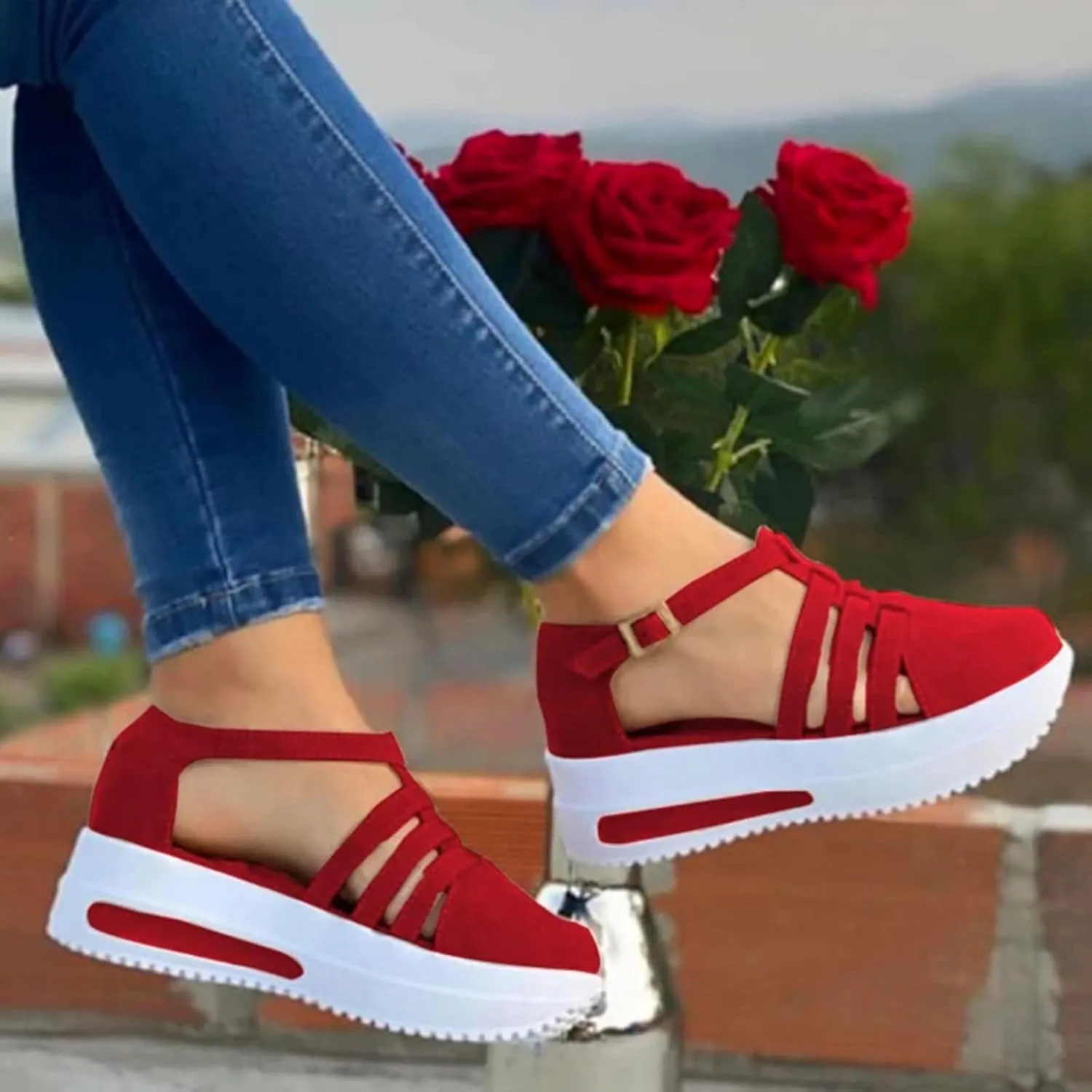 Cathalem Summer Sandals for Women 2024 Ankle Strap Buckle Crystal Platform Sandals Strappy Open Toe Wedge Sandals