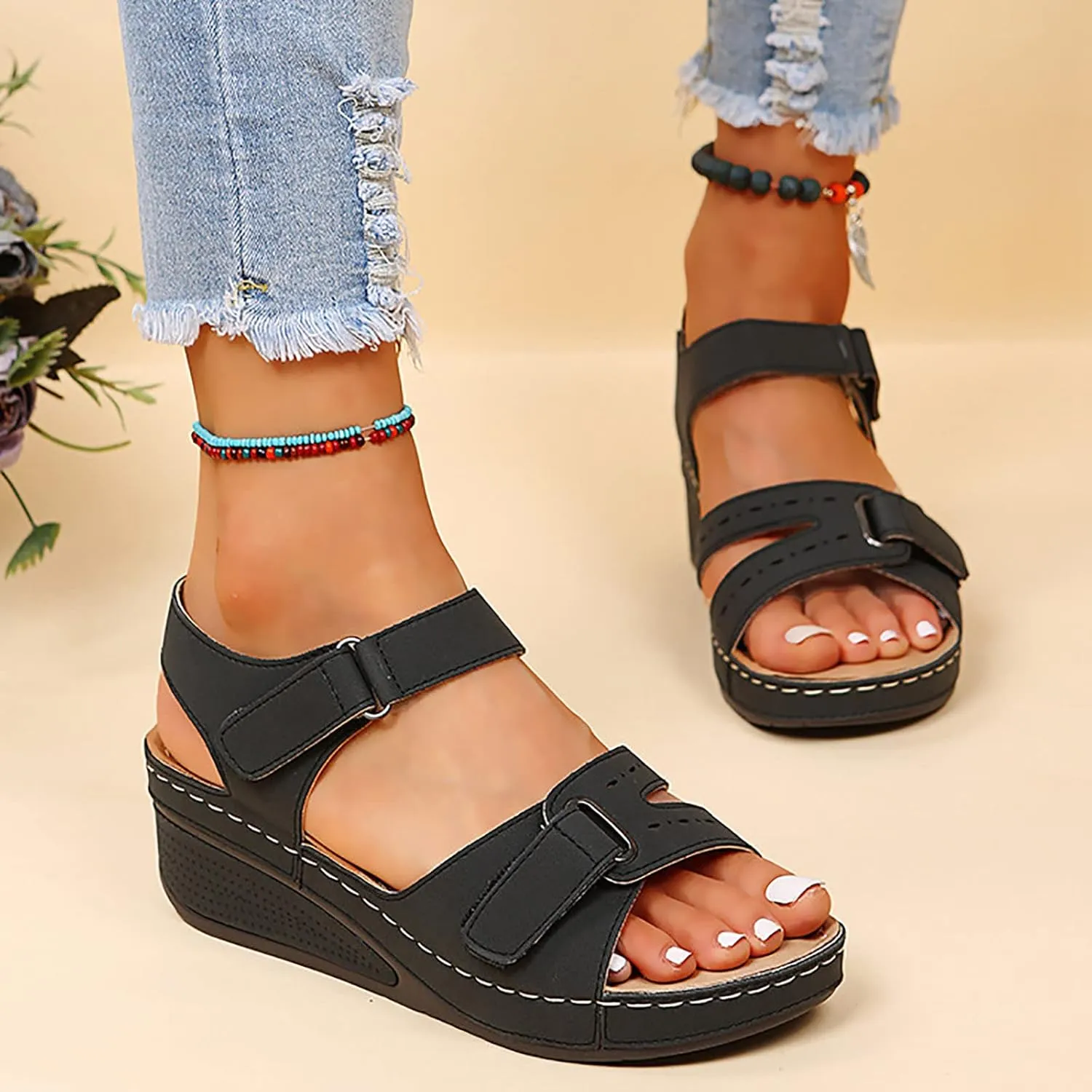Cathalem Summer Sandals for Women 2024 Open Toe Ankle Strap Platform Sandals Casual Strappy Low Wedges Beach Outdoor Shoes