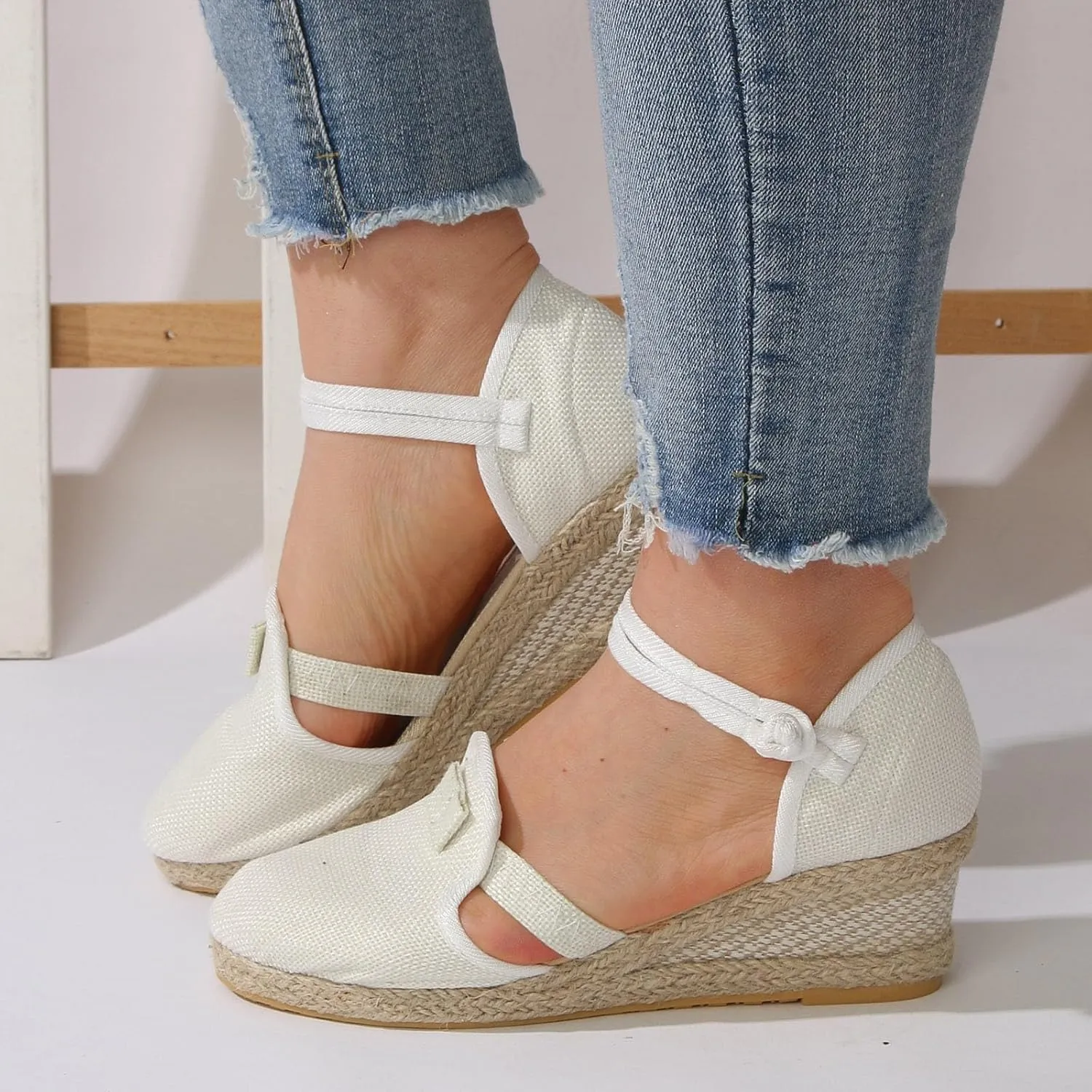 Cathalem Wedge Sandals for Women,Women's Closed Toe Ankle Strap Espadrilles Low Wedge Sandals Dressy Summer Casual Platform Shoes