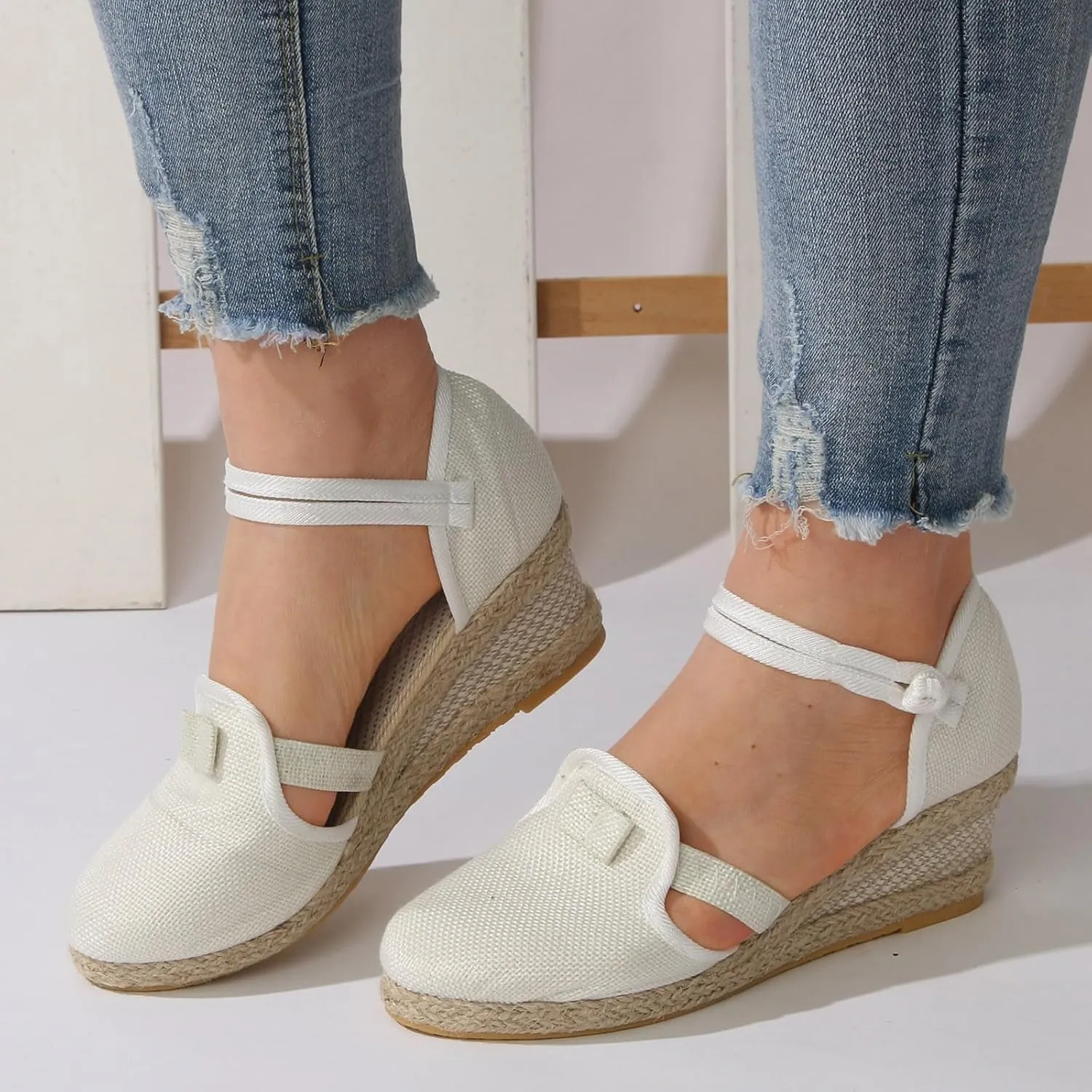 Cathalem Wedge Sandals for Women,Women's Closed Toe Ankle Strap Espadrilles Low Wedge Sandals Dressy Summer Casual Platform Shoes