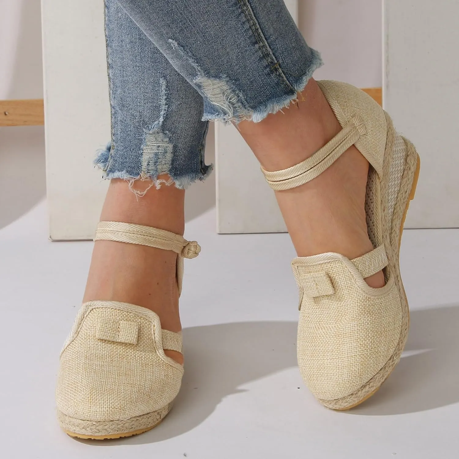 Cathalem Wedge Sandals for Women,Women's Closed Toe Ankle Strap Espadrilles Low Wedge Sandals Dressy Summer Casual Platform Shoes