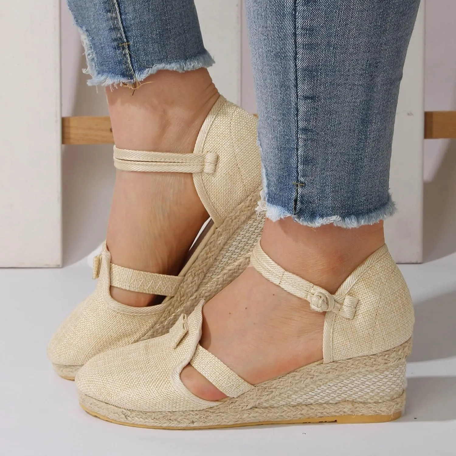 Cathalem Wedge Sandals for Women,Women's Closed Toe Ankle Strap Espadrilles Low Wedge Sandals Dressy Summer Casual Platform Shoes