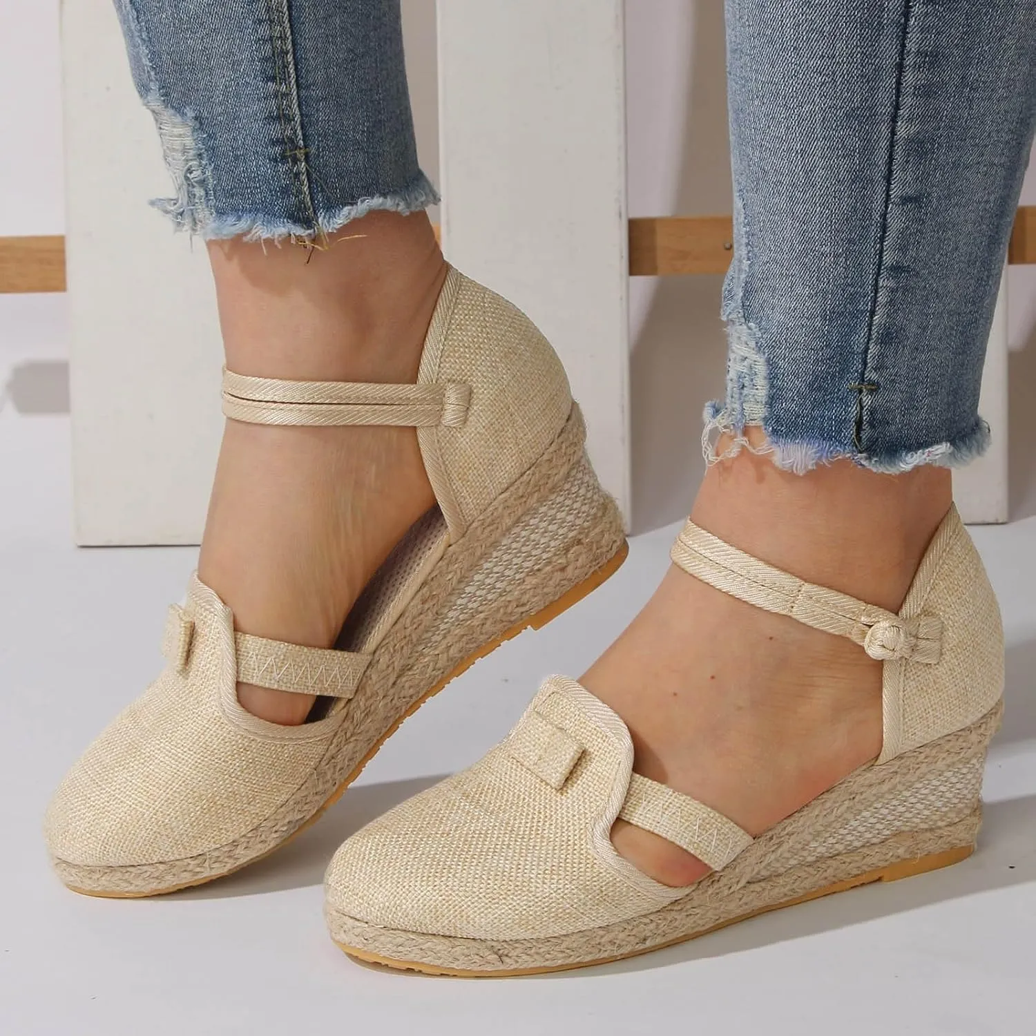 Cathalem Wedge Sandals for Women,Women's Closed Toe Ankle Strap Espadrilles Low Wedge Sandals Dressy Summer Casual Platform Shoes