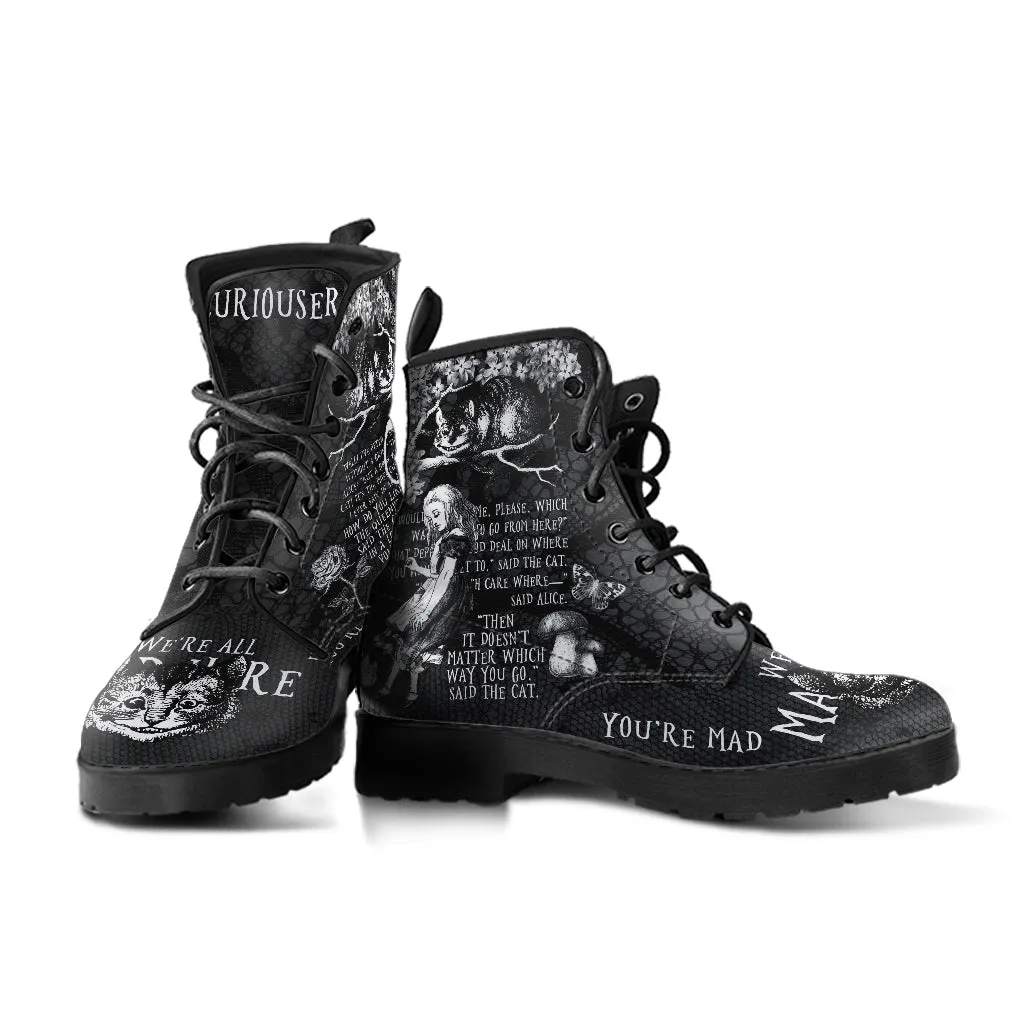 Combat Boots - Alice in Wonderland Gifts #103 Black and White Series, Cheshire Cat, Gift Idea, Women's Boots, Vegan Shoes, Vegan Leather