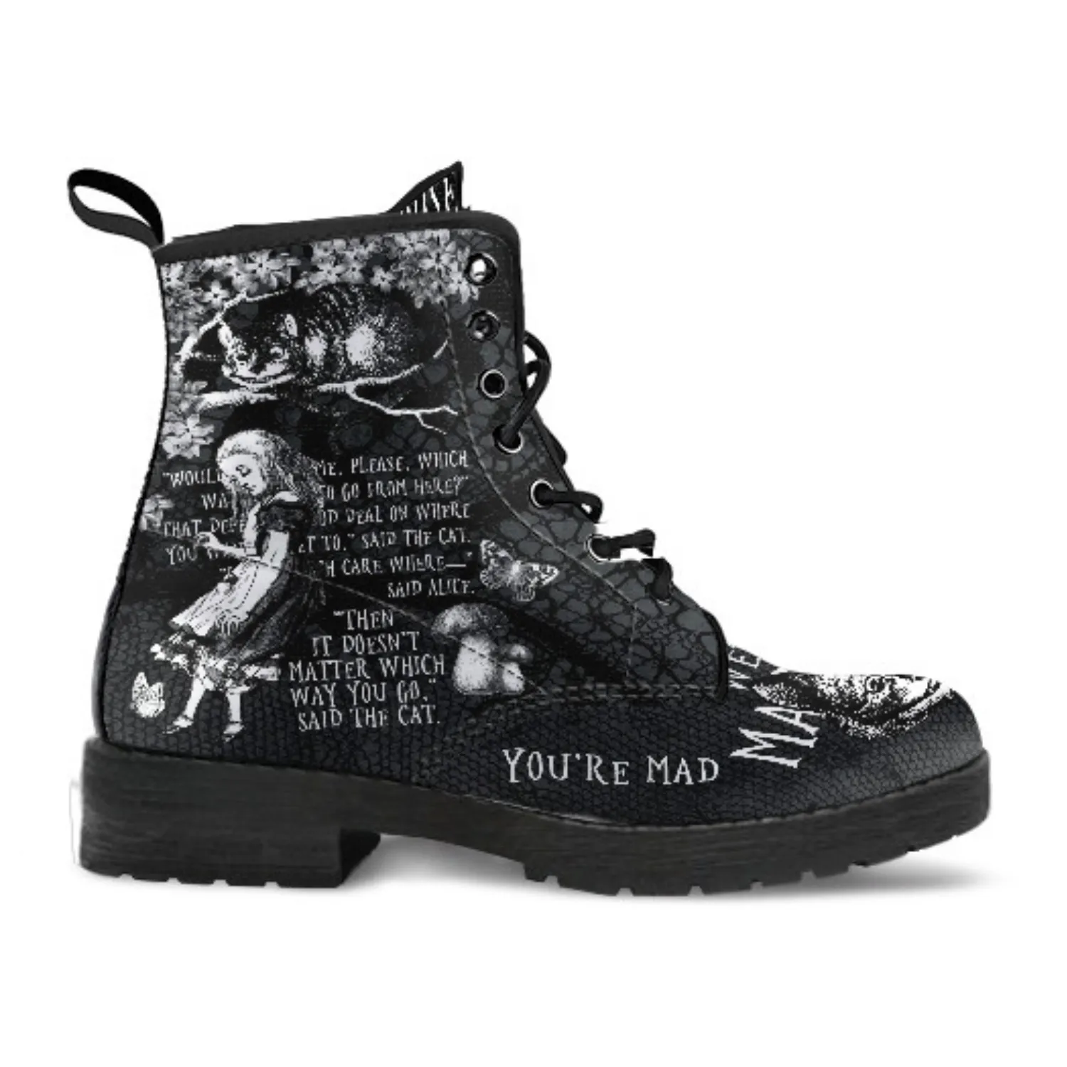 Combat Boots - Alice in Wonderland Gifts #103 Black and White Series, Cheshire Cat, Gift Idea, Women's Boots, Vegan Shoes, Vegan Leather
