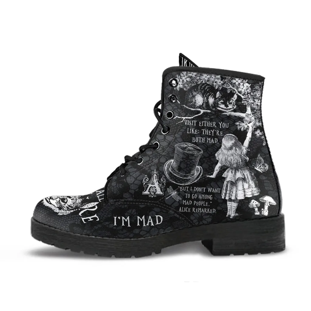 Combat Boots - Alice in Wonderland Gifts #103 Black and White Series, Cheshire Cat, Gift Idea, Women's Boots, Vegan Shoes, Vegan Leather