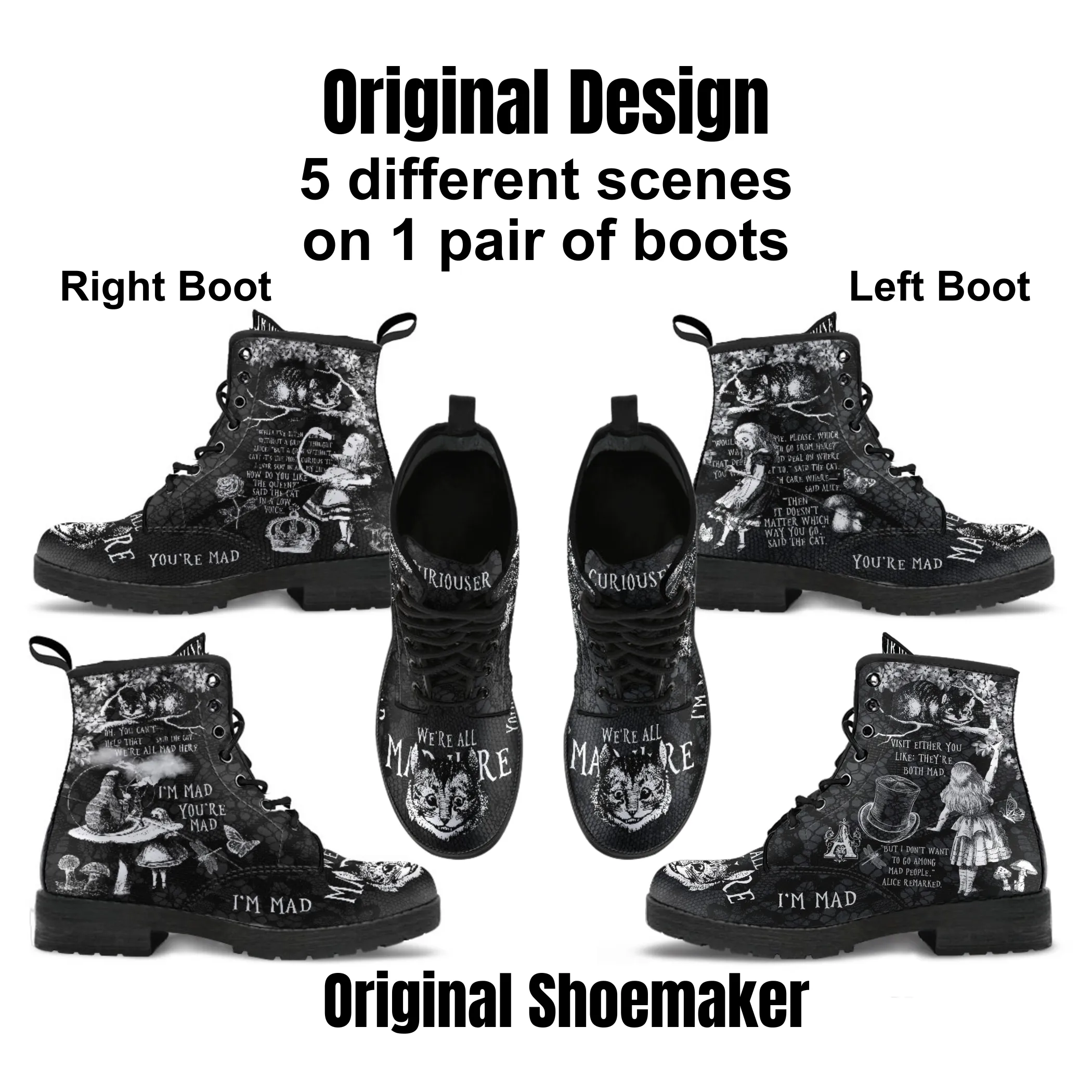 Combat Boots - Alice in Wonderland Gifts #103 Black and White Series, Cheshire Cat, Gift Idea, Women's Boots, Vegan Shoes, Vegan Leather