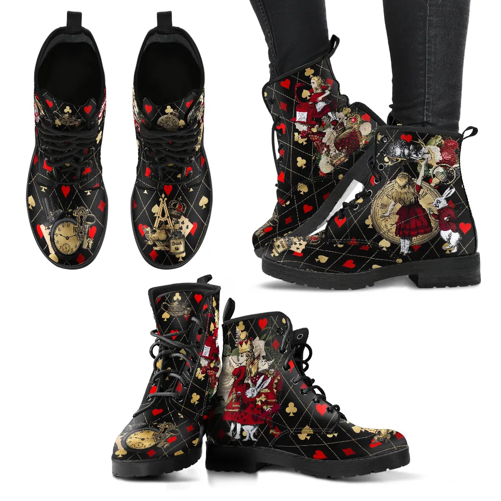 Combat Boots - Alice in Wonderland Gifts #32 Red Series, Black Lace Print | Birthday Gift Idea, Women's Black Hipster Boots, Custom Shoes