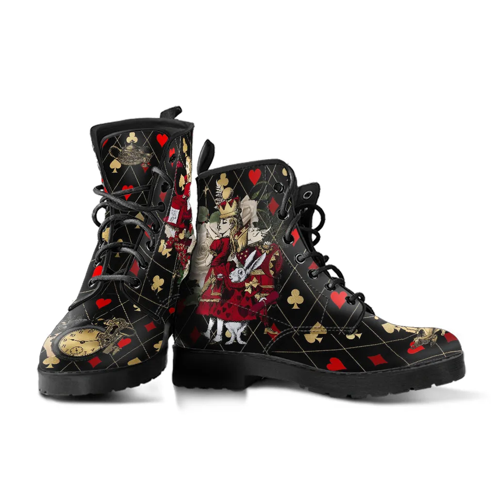 Combat Boots - Alice in Wonderland Gifts #32 Red Series, Black Lace Print | Birthday Gift Idea, Women's Black Hipster Boots, Custom Shoes