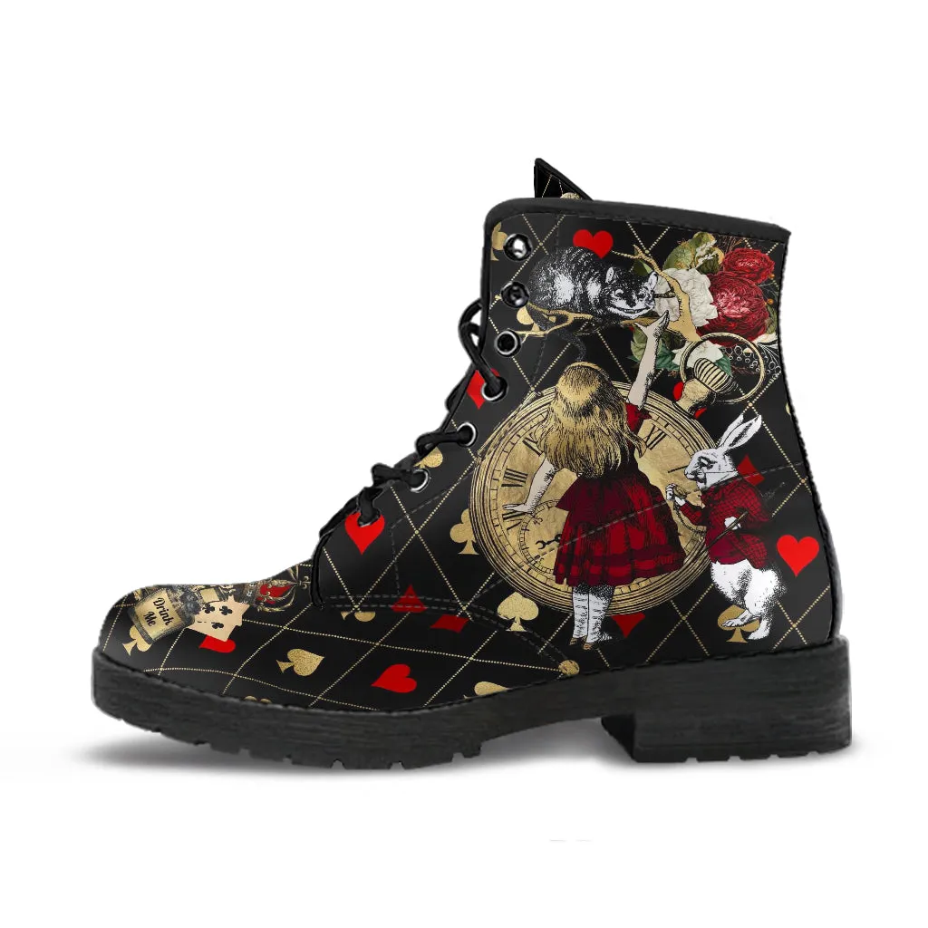 Combat Boots - Alice in Wonderland Gifts #32 Red Series, Black Lace Print | Birthday Gift Idea, Women's Black Hipster Boots, Custom Shoes