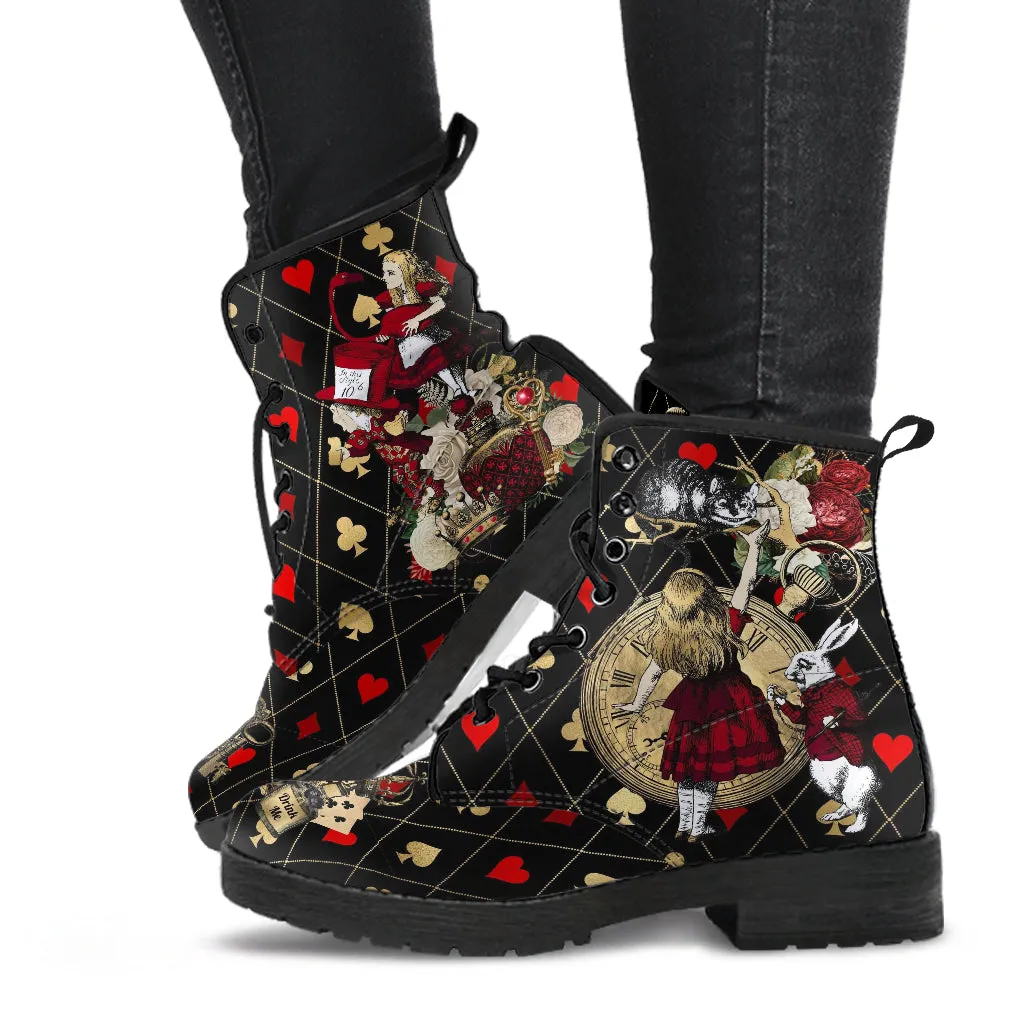 Combat Boots - Alice in Wonderland Gifts #32 Red Series, Black Lace Print | Birthday Gift Idea, Women's Black Hipster Boots, Custom Shoes