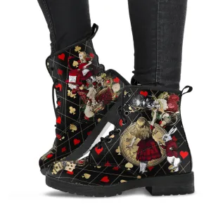 Combat Boots - Alice in Wonderland Gifts #32 Red Series, Black Lace Print | Birthday Gift Idea, Women's Black Hipster Boots, Custom Shoes