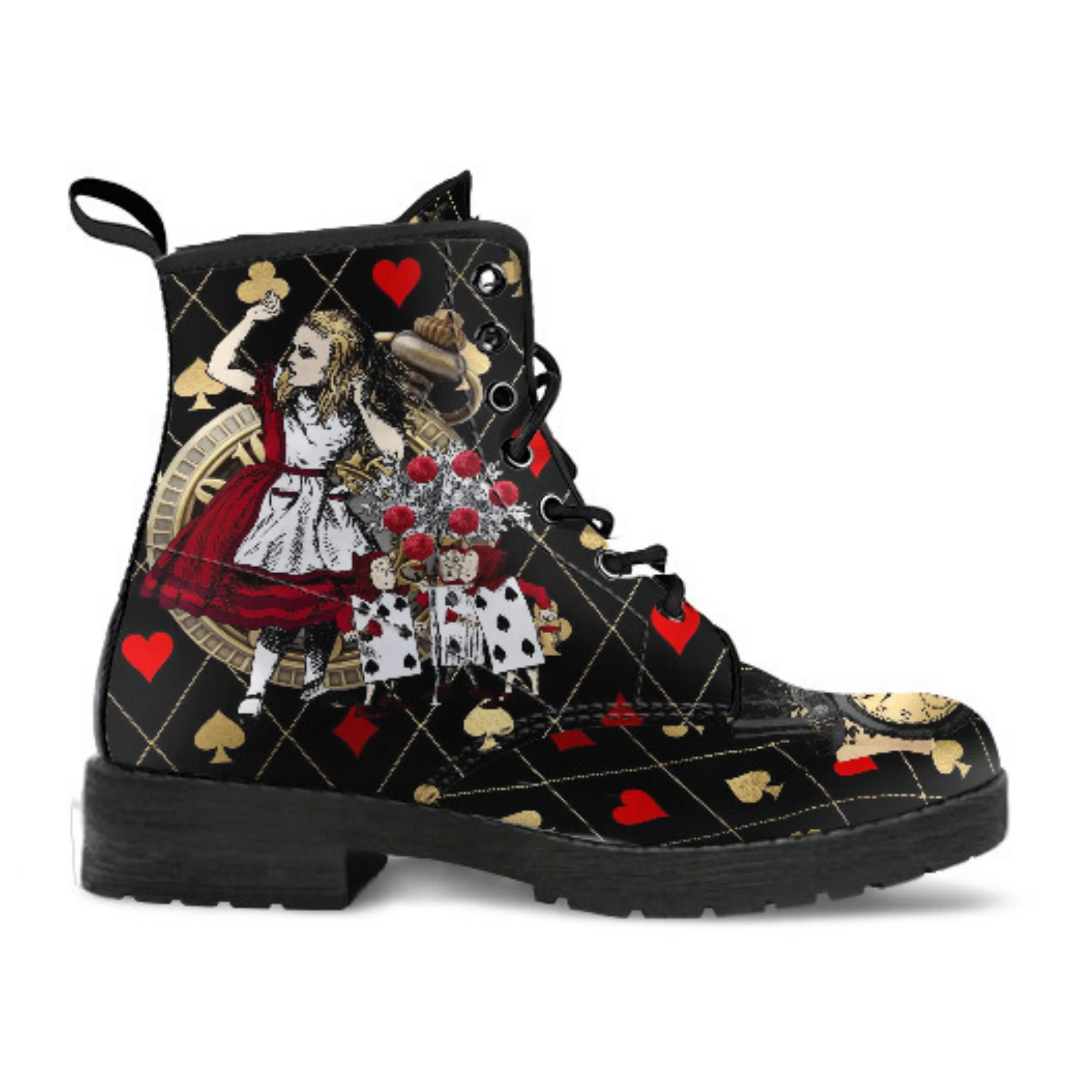 Combat Boots - Alice in Wonderland Gifts #32 Red Series, Black Lace Print | Birthday Gift Idea, Women's Black Hipster Boots, Custom Shoes