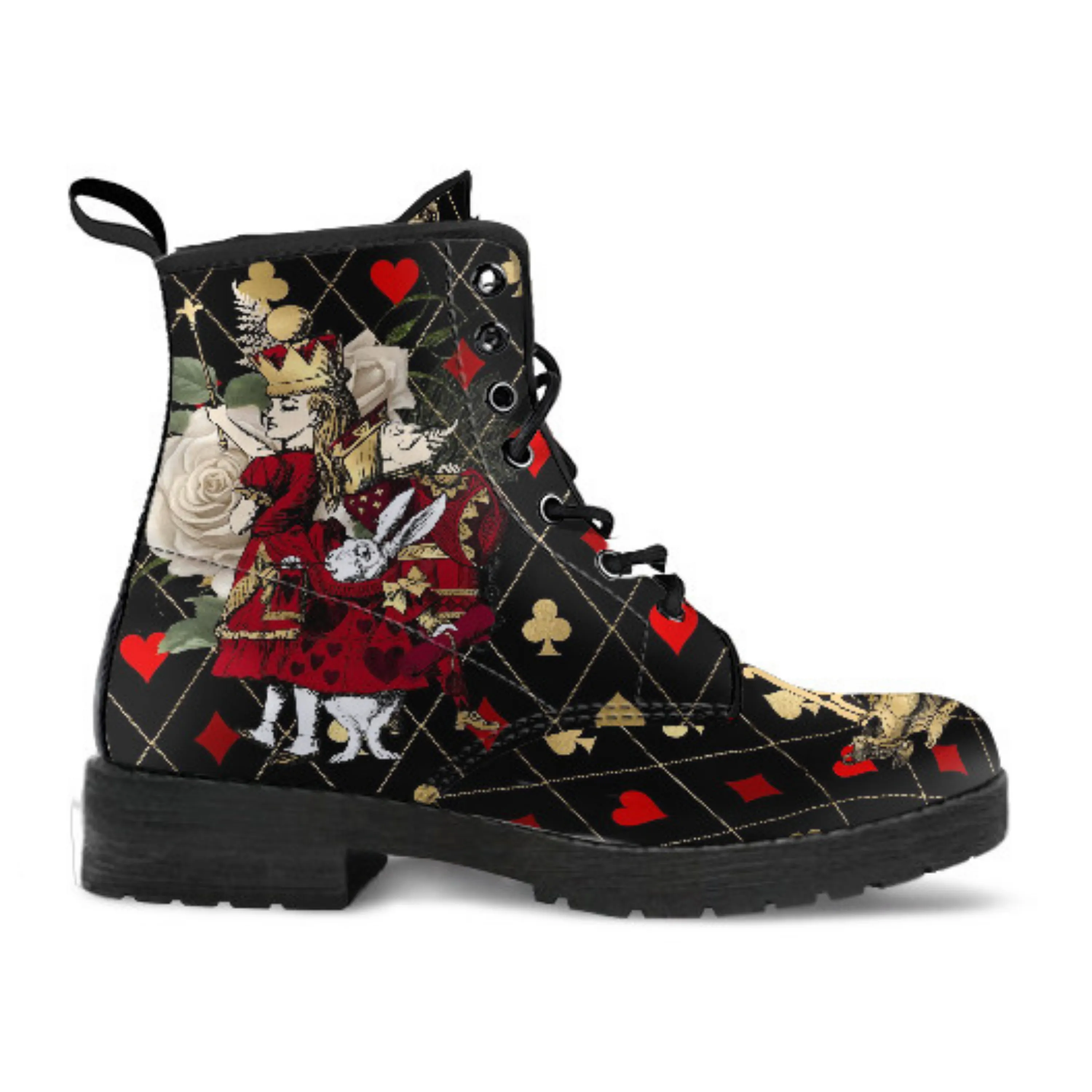 Combat Boots - Alice in Wonderland Gifts #32 Red Series, Black Lace Print | Birthday Gift Idea, Women's Black Hipster Boots, Custom Shoes