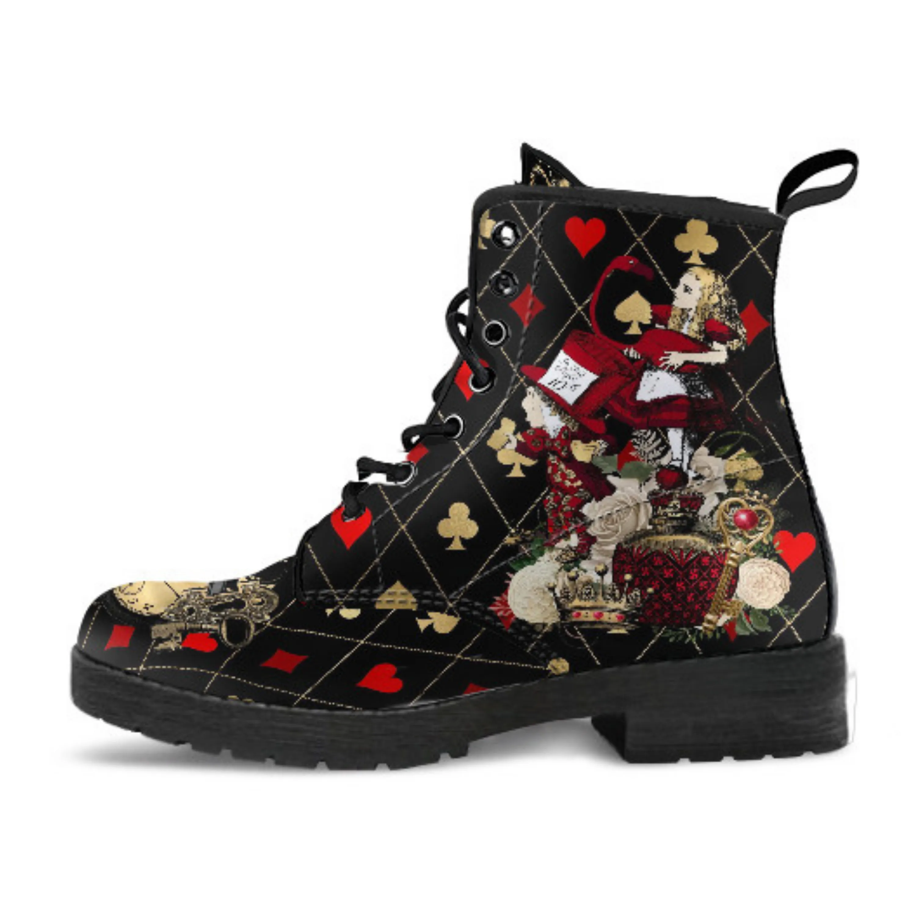 Combat Boots - Alice in Wonderland Gifts #32 Red Series, Black Lace Print | Birthday Gift Idea, Women's Black Hipster Boots, Custom Shoes