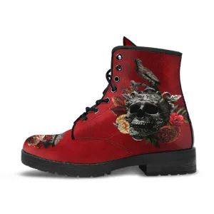 Combat Boots - Goth Shoes #111 Skulls & Roses, Grunge Red | Vegan Leather Lace Up Boots, Custom Shoes Boho, Goth Witch Boots, Unisex Adult