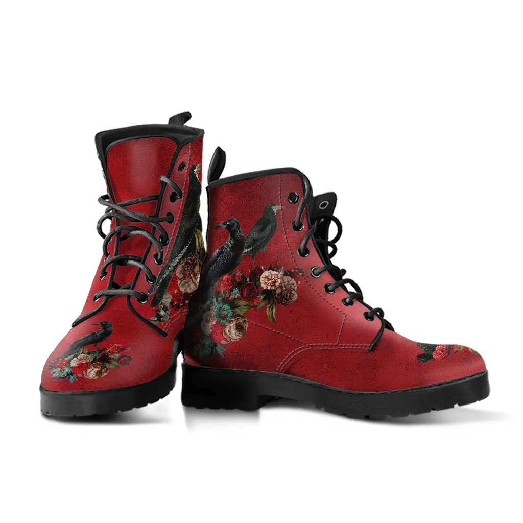 Combat Boots - Goth Shoes #111 Skulls & Roses, Grunge Red | Vegan Leather Lace Up Boots, Custom Shoes Boho, Goth Witch Boots, Unisex Adult