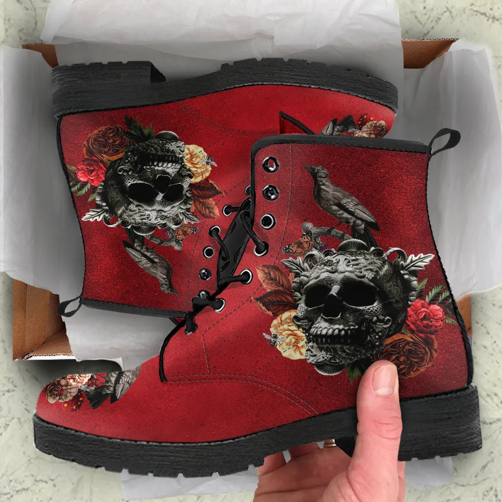 Combat Boots - Goth Shoes #111 Skulls & Roses, Grunge Red | Vegan Leather Lace Up Boots, Custom Shoes Boho, Goth Witch Boots, Unisex Adult