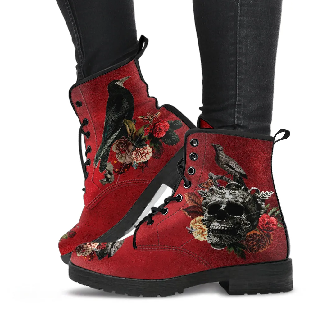 Combat Boots - Goth Shoes #111 Skulls & Roses, Grunge Red | Vegan Leather Lace Up Boots, Custom Shoes Boho, Goth Witch Boots, Unisex Adult