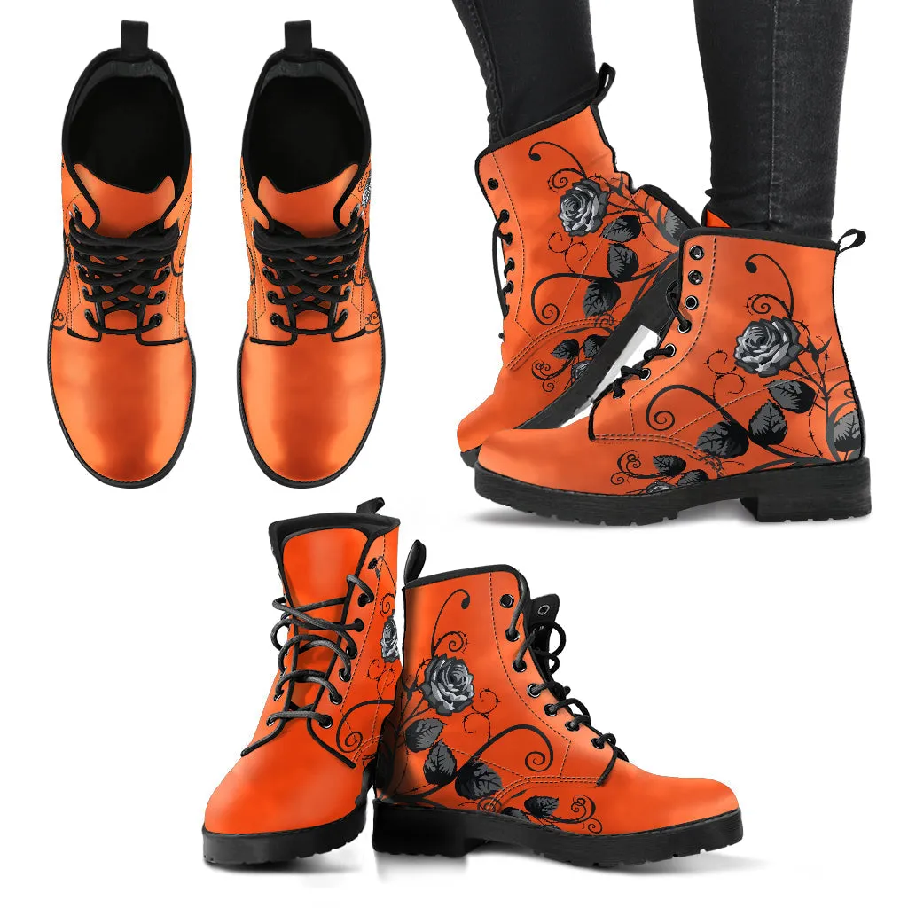 Combat Boots - Gray Roses, Orange Color | Cruelty-free Vegan Leather, Unique Custom Shoes, Handmade Lace Up, Colorful Floral, Flowers
