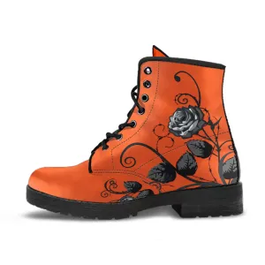 Combat Boots - Gray Roses, Orange Color | Cruelty-free Vegan Leather, Unique Custom Shoes, Handmade Lace Up, Colorful Floral, Flowers