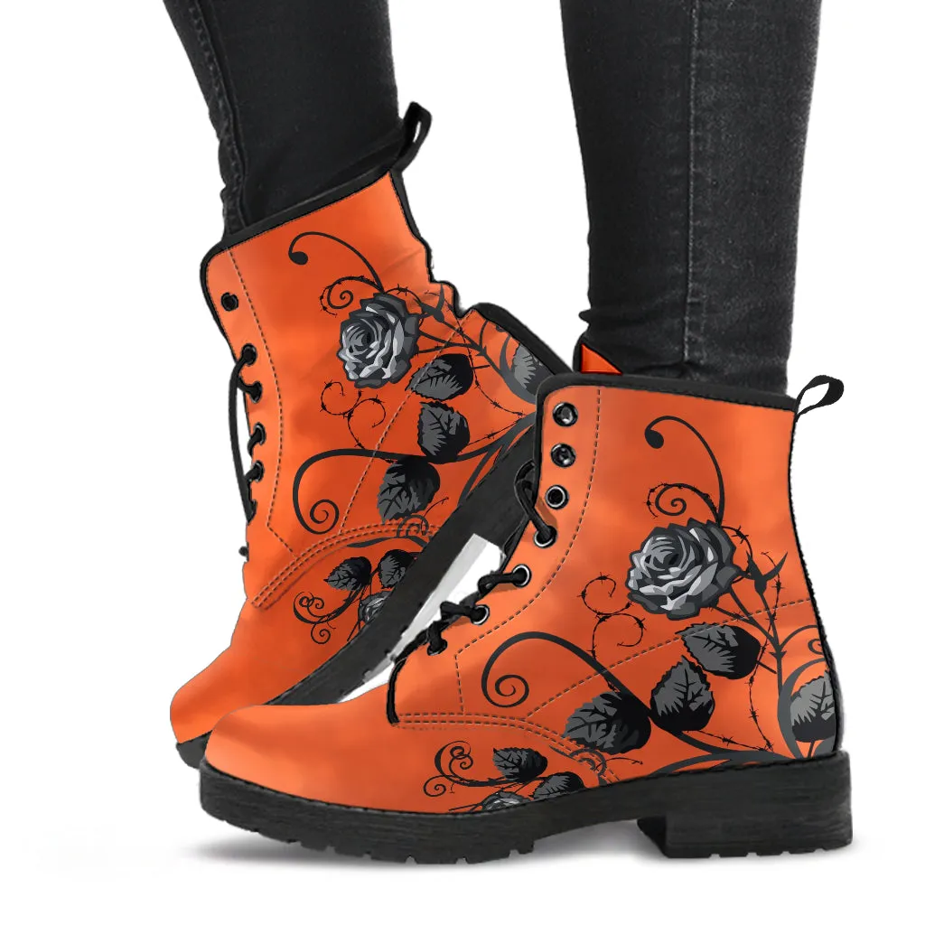 Combat Boots - Gray Roses, Orange Color | Cruelty-free Vegan Leather, Unique Custom Shoes, Handmade Lace Up, Colorful Floral, Flowers