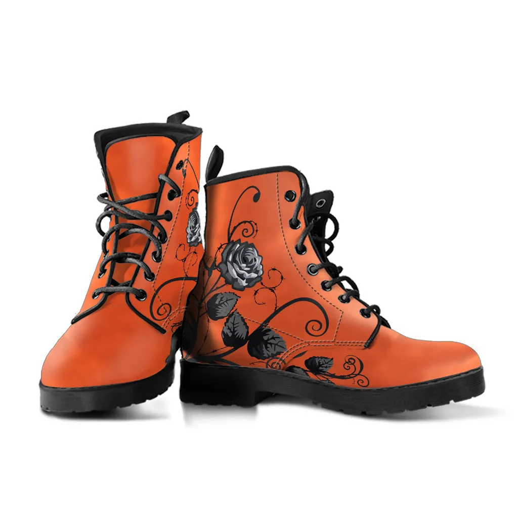 Combat Boots - Gray Roses, Orange Color | Cruelty-free Vegan Leather, Unique Custom Shoes, Handmade Lace Up, Colorful Floral, Flowers