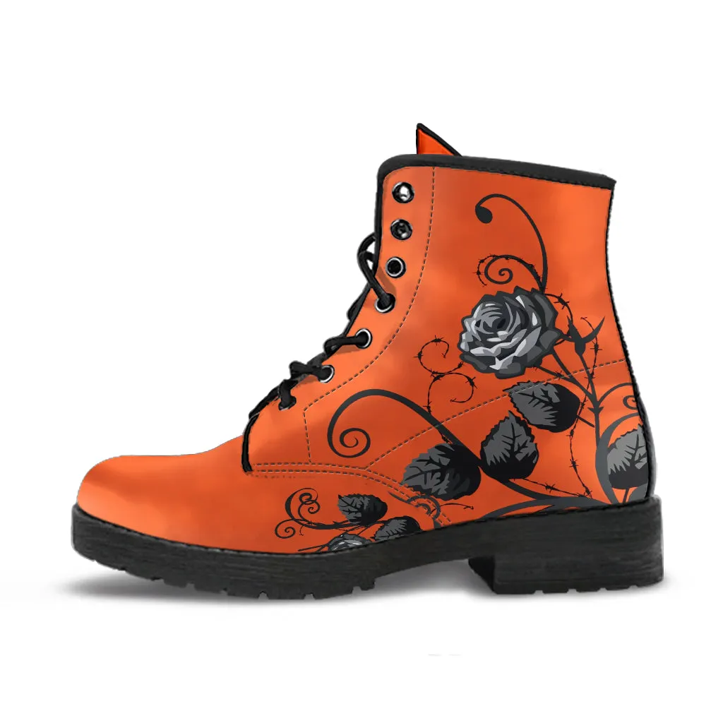 Combat Boots - Gray Roses, Orange Color | Cruelty-free Vegan Leather, Unique Custom Shoes, Handmade Lace Up, Colorful Floral, Flowers