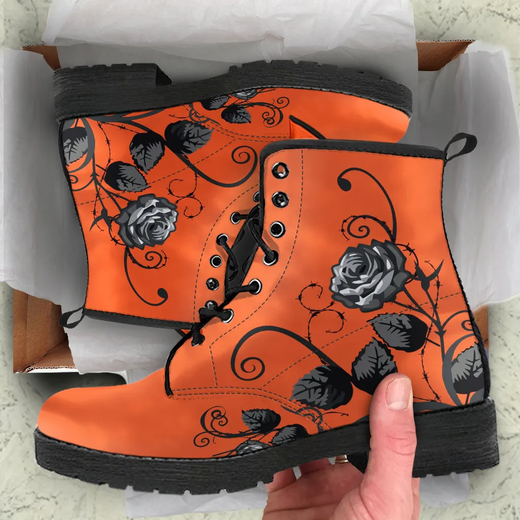 Combat Boots - Gray Roses, Orange Color | Cruelty-free Vegan Leather, Unique Custom Shoes, Handmade Lace Up, Colorful Floral, Flowers