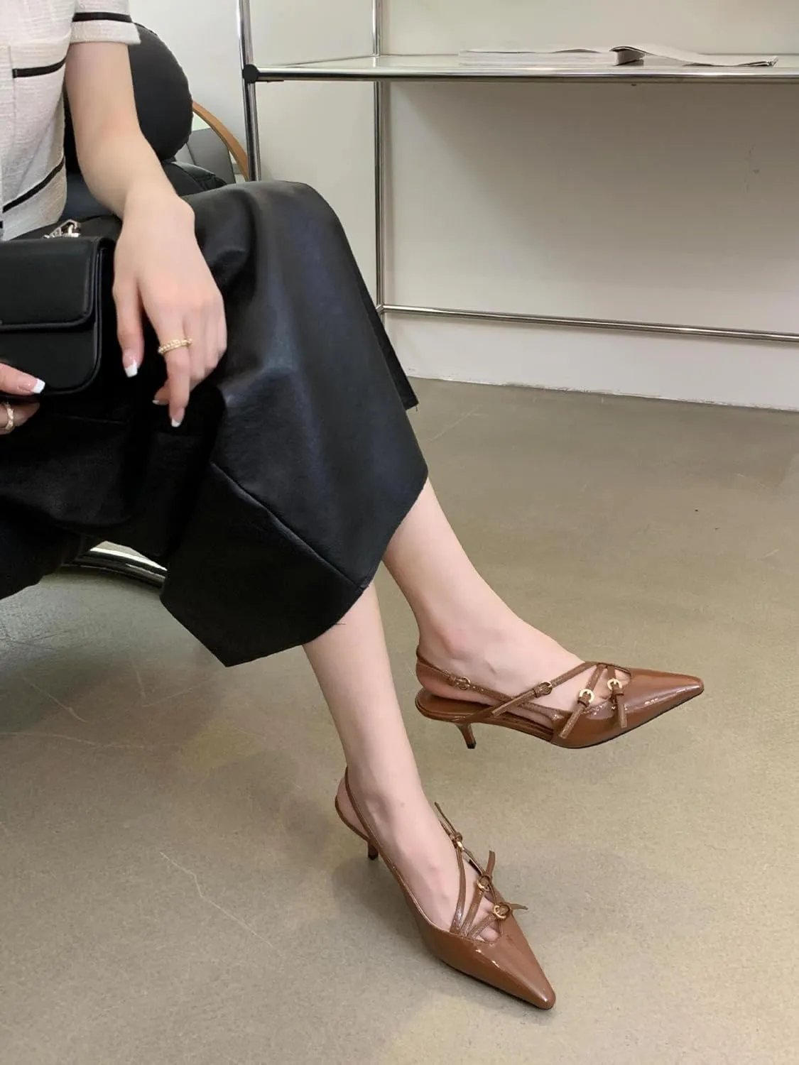 CORNMOOD Slingback Kitten Heels for Women Pointed Toe Stiletto Low Heels with Buckle Strap Heeled Pumps Sandals