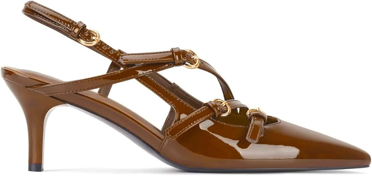 CORNMOOD Slingback Kitten Heels for Women Pointed Toe Stiletto Low Heels with Buckle Strap Heeled Pumps Sandals