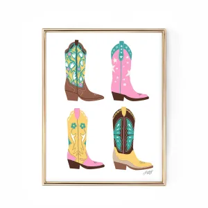 Cowboy Boots Illustration Vertical (Pink/Turquoise/Yellow Palette) - Art Print