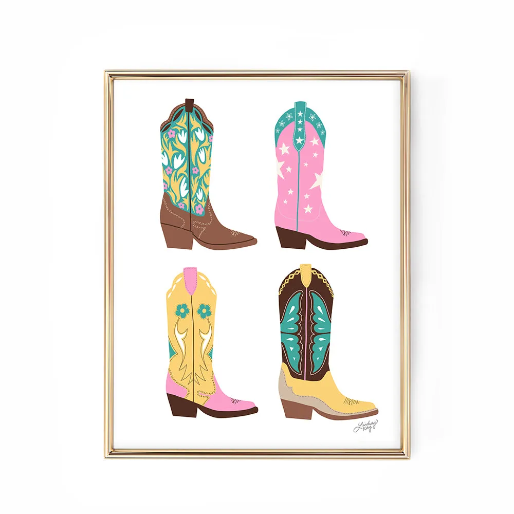 Cowboy Boots Illustration Vertical (Pink/Turquoise/Yellow Palette) - Art Print
