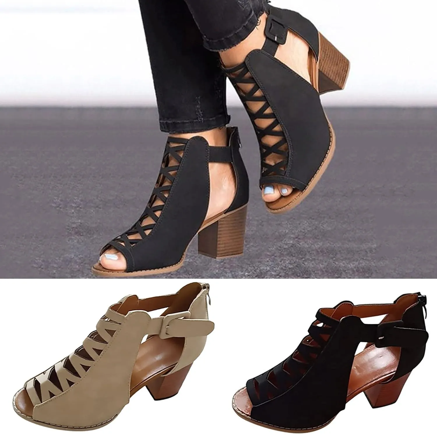 Eduavar Sandals for Women Casual Summer, Heeled Sandals for Women Dressy Fashion Chunky Low Heel Sandals Boots with Buckle