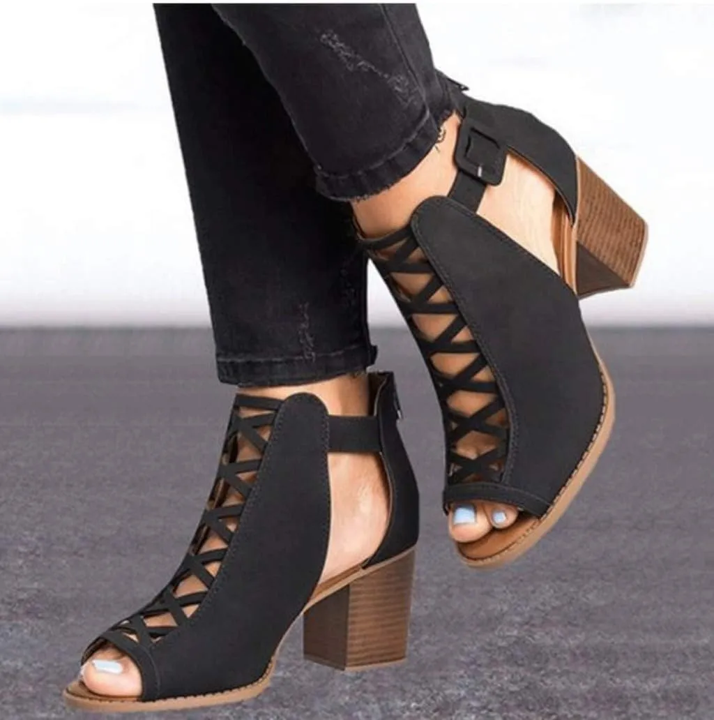 Eduavar Sandals for Women Casual Summer, Heeled Sandals for Women Dressy Fashion Chunky Low Heel Sandals Boots with Buckle