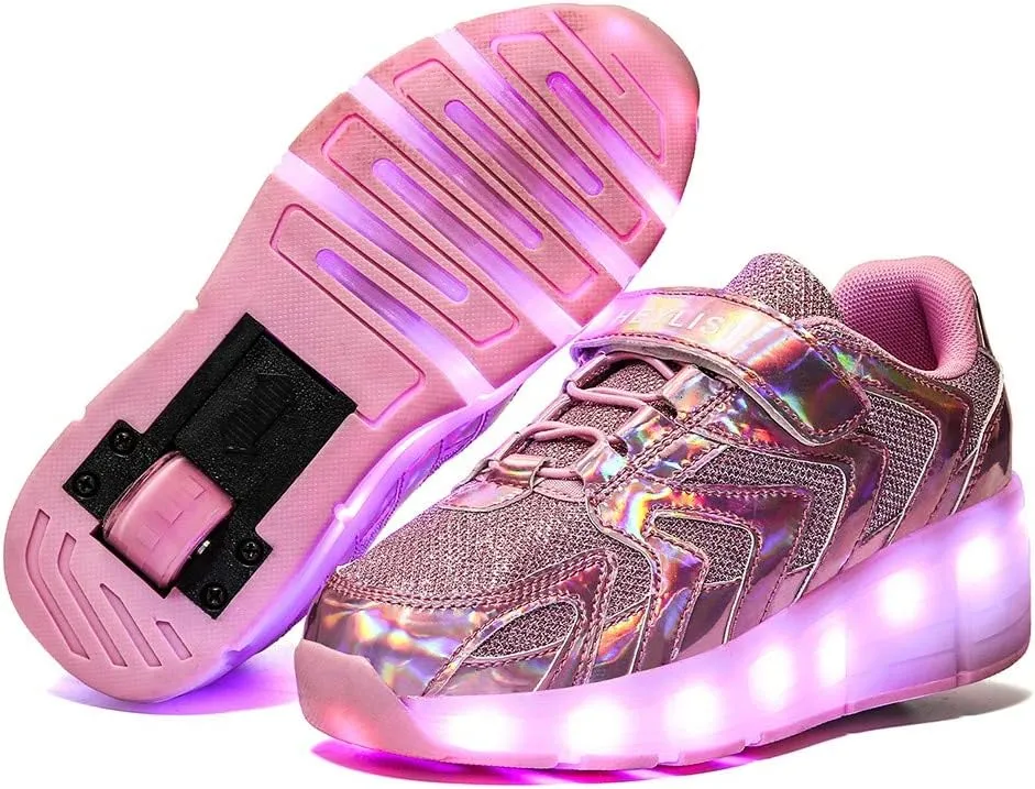 EEUK 7 Colors Led Rechargeable Kids Roller Skate Shoes with Wheel Shoes Sport Sneaker Light Up USB Charge Roller Skate Flashing Sneakers for Girls Boys Gift, Pink