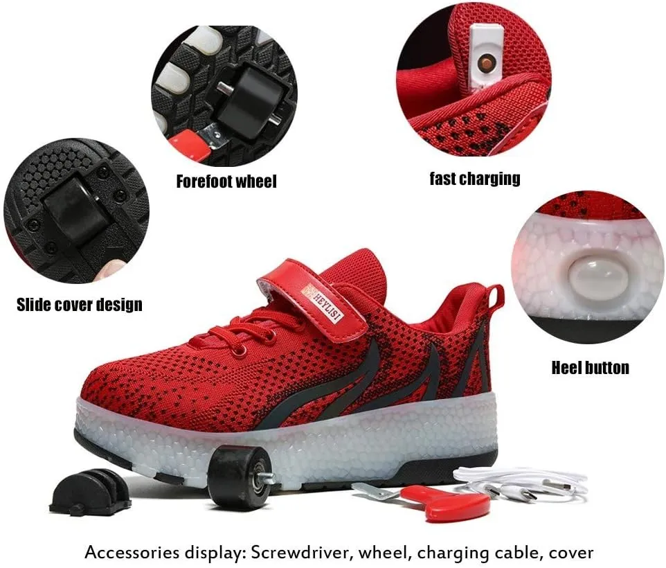 EEUK Roller Skate Shoes for Kids, USB Rechargeable Led Light Up Wheel Shoes Chargeable Double Wheeled Sneaker Fashion Retractable Skate Shoes Girl Skating Beginners Gift