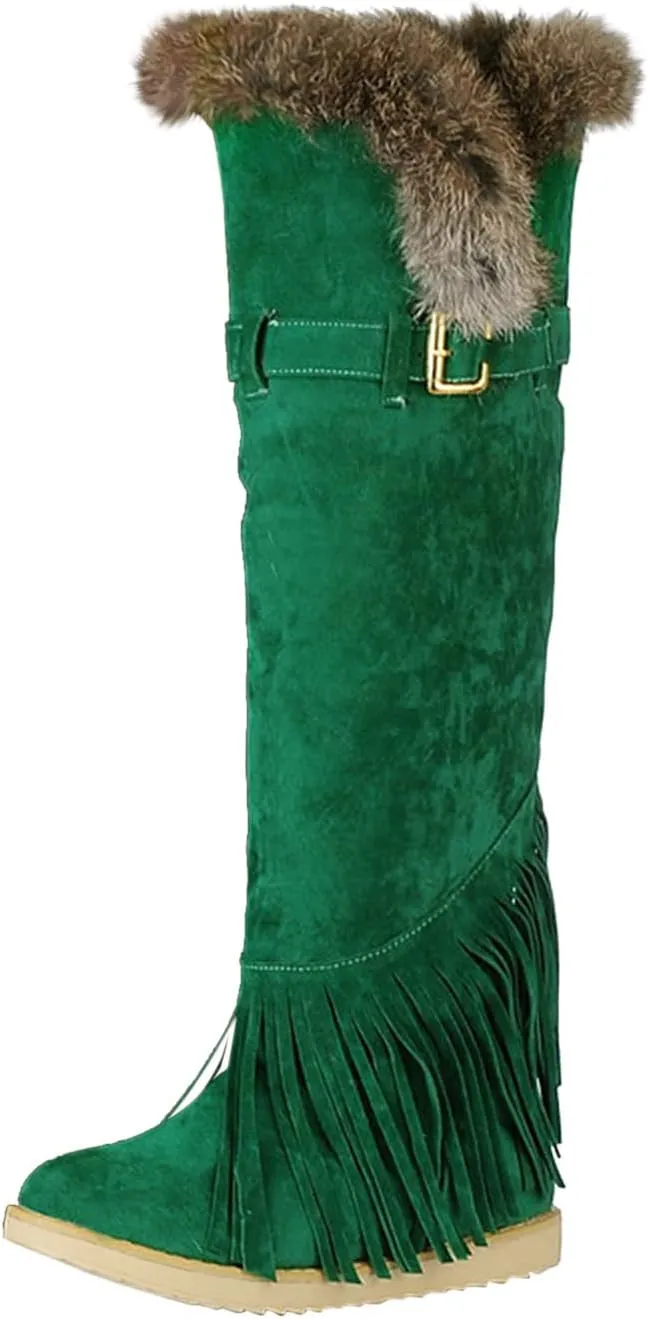 Flat Snow Boots for Women - Fashion Plush Fringed Pointed Toe Belt Buckle Slip-on Knee High Boots Winter Solid Velvet Warm Riding Boots Shoes