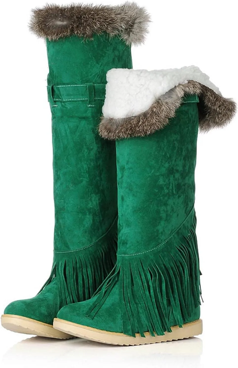 Flat Snow Boots for Women - Fashion Plush Fringed Pointed Toe Belt Buckle Slip-on Knee High Boots Winter Solid Velvet Warm Riding Boots Shoes